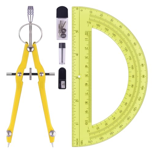 Unjoo Compass and Protractor Set, Math Compass for Geometry (Yellow) | Professional Drawing Compass Tool, Metal Compass with Extra Refills, 6 Inch Math Protractors 180 Degree, For School, Office - color: Yellow