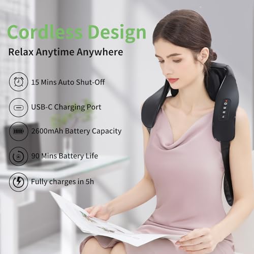 MASGRE Shiatsu Neck and Shoulder Massager, Cordless Back Massager with Heat | 2600mAh Shoulder Massager Deep Tissue 6D Kneading with Carry Bag, Massages for Neck, Back, Shoulder, Body Gifts for Mom Dad - color: Black Grey