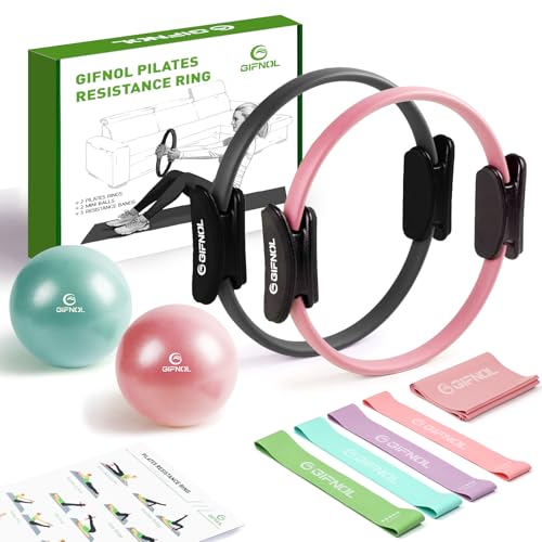 Pilates Ring and Ball Set with Resistance Bands - Pilates Equipment for Home Workout - 14'' & 12'' Pilates Rings, 2 Pilates Balls, 5 Resistance Bands for Toning Arms, Thighs/Legs & Core - color: Black & Pink
