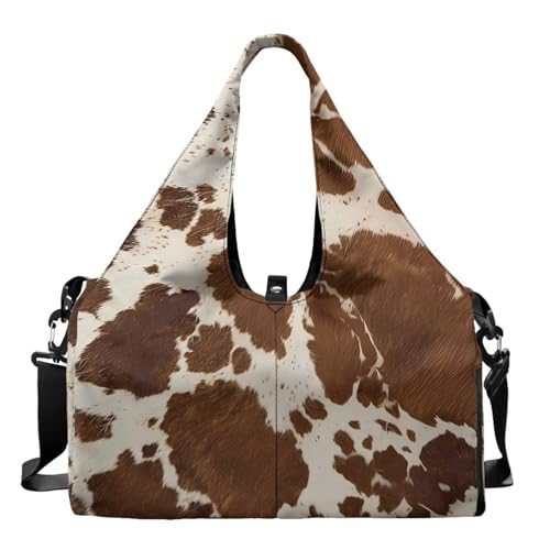 Brown Cow Print Gym Bag for Women Hygienic Gym Tote with Yoga Mat Holder Sports Duffle Bags Double Zipper, Sports Duffle Bags for Overnight Trips - color: Brown Cow Print