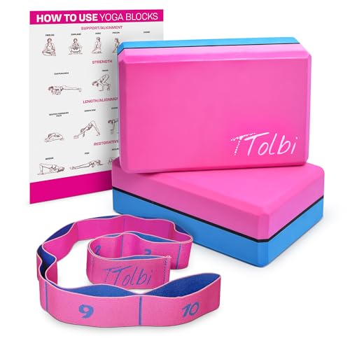 Yoga Blocks 2 Pack with Strap and Guide – Soft Non-Slip EVA Foam Blocks | High-Density Pilates Blocks for Home Workouts, Dance, Ballet, Gymnastics & Stretching Exercise, Dance Accessories and Gifts - color: Pink/Blue & Stretch Band Pink