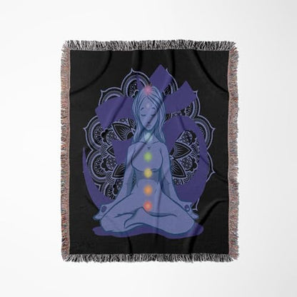 3dRose Blue and Purple Mandala with Yoga Person Woven Blanket