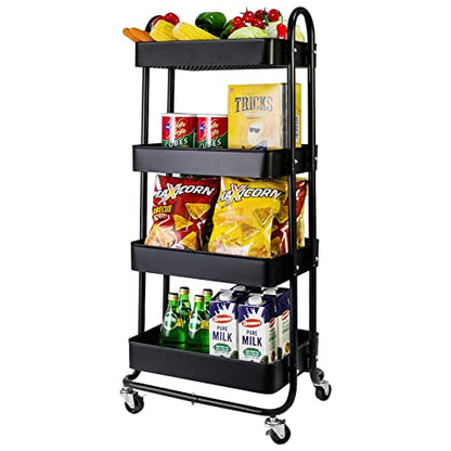 elabo 4-Tier Metal Mesh Utility Rolling Cart, Storage Organizer Trolley Services Cart with Lockable Wheels for Kitchen, Bathroom, Living Room (Black) - color: Black