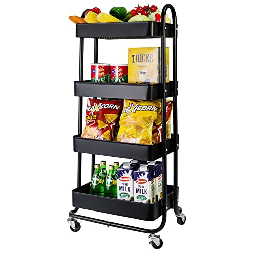 elabo 4-Tier Metal Mesh Utility Rolling Cart, Storage Organizer Trolley Services Cart with Lockable Wheels for Kitchen, Bathroom, Living Room (Black) - color: Black