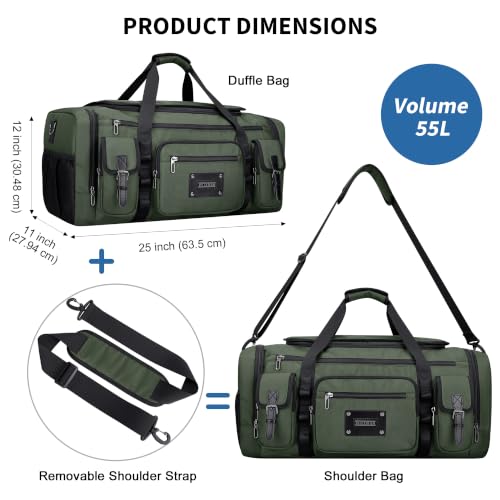 WITZMAN Duffle Bag for Men Large 55L Travel Duffel with Shoe Compartment | Water-resistant Nylon, Dry-wet Pocket, Fits 16" Laptop, Convertible for Gym, Weekender, Sports, Overnight, B717 Army Green - color: Army Green