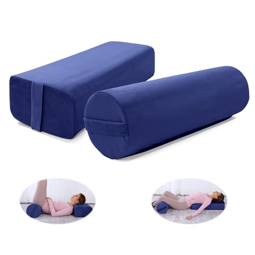 MABOZOO Yoga Bolster Set, Velvet Cover High Density Foam Pillows for Restorative Yoga and Meditation, Rectangular and Cylinder Bolster Pillow Meditation Cushion Pillow For Women Leg - color: Blue