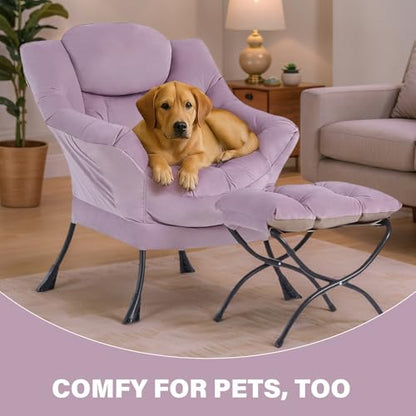 Tiita Lazy Chair with Ottoman, Comfy Reading Accent Chair, Light Purple | Foldable Footrest, Padded Seat and Backrest, Side Pocket for Lounging in Living Rooms, Bedrooms, Dorms and Small Spaces - color: Light Purple