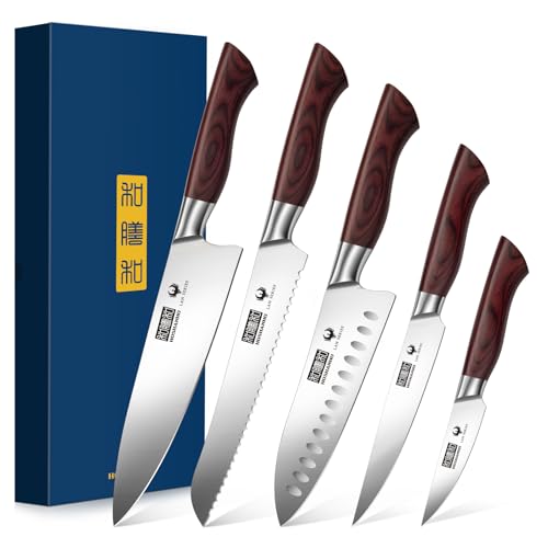 HOSHANHO 5PCS Japanese Kitchen Knife Set, Sharp Chef Knives & Wood Handle | Professional Ultra Sharp High-Carbon Stainless Steel Cooking Knife Set with Ergonomic Wood Handle, Elegant Box for Home Gift - size: 5 Pieces Knife Set