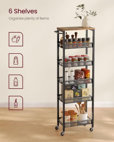 VASAGLE 6-Tier Slim Rolling Storage cart with Wheels, Metal - color: Rustic Brown + Matte Black, size: 6 Tiers (8.7"D x 51.7"H)