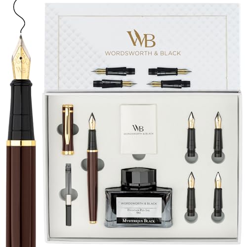 Wordsworth & Black Luxury Fountain Pen Set for Writing, 6 Nibs, Brown | Fountain Ink Bottle, Cartridges & Refill Converter, Refillable, Brown, High End Gift for Men & Women, Journaling & Lettering - color: Brown Gold