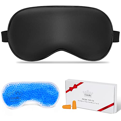 Silk Sleep Mask with Cooling Gel Eye Mask, Warm and Cold Compress, Heated Eye Mask for Tired Eyes, Stain Eye Cover Sleeping Mask for Travel, Home, Office, Yoga, Total Blackout (Black) - color: Black