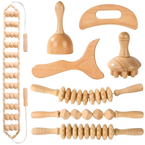Wood Therapy Tools for Body Shaping,8 in 1 Wood Therapy Massage Tools,Wooden Gua Sha Tools,Lymphatic Drainage Massager,Maderoterapia kit,Wooden Massager Roller Rope for Body Shaping, Beige