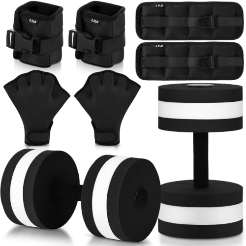 Hollowfly 6 Pcs Water Aerobics Equipment Set Full Body Pool Exercise Kit, 2 Aqua Dumbbells, 2 Adjustable Ankle/Wrist Weights, 2 Webbed Swim Gloves, Low Impact Aquatic Workout Gear - color: Black, size: 2.5lb
