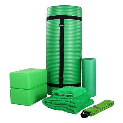 BalanceFrom 7-Piece Yoga Set with 71x24x1 Inches Extra Thick Mat and Carrying Sling – Includes 2 Blocks, Stretch Strap, 2 Towels, and Knee Pad for Home, Studio, and Gym Workouts - color: Green