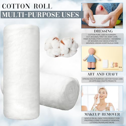 2 Pack White Cotton Roll Non-sterile Cotton for Wound Care Absorbent Soft Cotton Rolled Multipurpose Cotton Use for Cosmetic Application and Product Removal