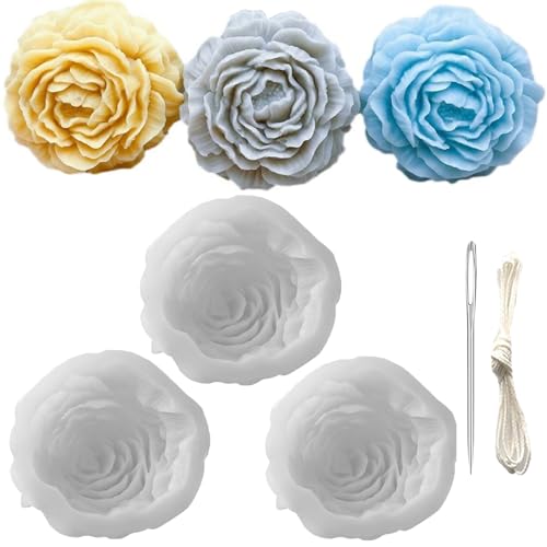 3 Pack Peony Silicone Candle Mold Flower Mold Resin Casting Molds with Large-Eye Wicking Needle,Candlewick for DIY Scented Candle, Soy Wax, Cake, Soap,Craft Making - color: 3PCS-Peony