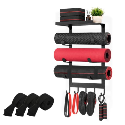 Yoga Mat Holder Wall Mount, 4-Tier Home Gym Storage Rack with 5 Hooks & 3 Yoga Mat Portable Straps, Heavy Duty Metal Yoga Mats Organizer With Floating Shelf for Foam Roller, Resistance Bands