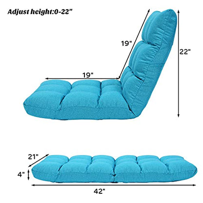 Giantex Adjustable Floor Gaming Sofa Chair 14-Position Cushioned Folding Lazy Recliner High Resilience Sponge, Breathable Cotton & Linen Fabric Sleeper Bed Couch Recliner - color: Peacock Blue