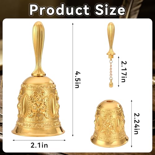 Golden Vintage Hand Bell, 4.5” x 2.1” Loud Call Service Handbell, Antique Hand Bell for Bedside Dinner Wedding Classroom Meditation - color: Gold