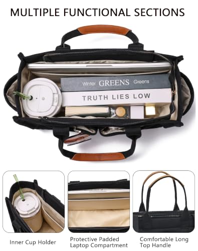 ZHMO Canvas Tote Bag for Women,Women's Bags Crossbody Bags Work Laptop Tote Bag Large Handbags Purse for Travel Nurse Teacher - color: New Upgrade Black With Compartments and Inner Cup Holders