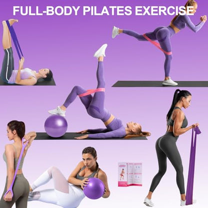 Pilates Ring Equipment Set, Home Pilates Kit for Women with 13’’ Magic Ring with Dual Padded Handles, Small Pilates Ball, 5 Resistance Bands & Complete Fitness Guide, Pilates Essential Accessories - color: 15pcs Purple