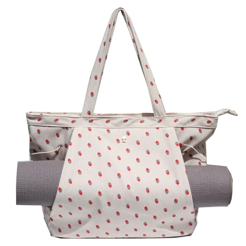 ESVAN Corduroy Yoga Tote Bag Gifts for Women Drawstring Yoga Mat Bag for Office Workout Travel Carryall Pilates Gym - color: Strawberry