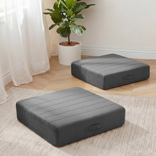 MeMoreCool 22 Inch Square Floor Pillows for Adults, 2 Pack Grey Cushions | Set of 2 grey washable tufted floor cushions, thick foam seats for yoga, meditation, den - color: Dark Grey, size: 22 Inch