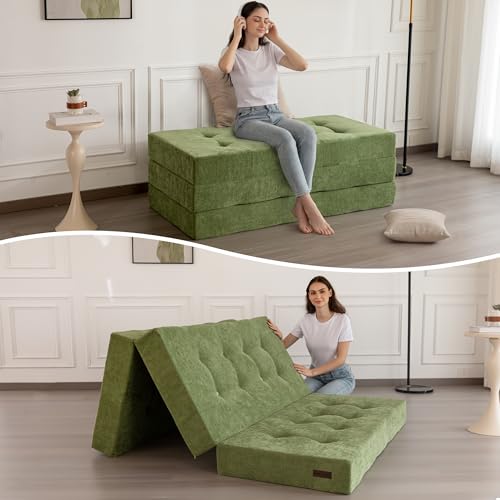 MAXYOYO 6" Folding Sofa Bed for Floor, Tufted Tri-Fold Floor Mattress - color: Green, size: Twin