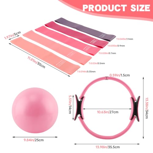 Pilates Ring and Ball Set with Resistance Bands, 14'' Circle Ring, 9.8” Pilates Ball and 5 Resistance Bands Home Workout Kit for Women Training Core, Full Body Exercise