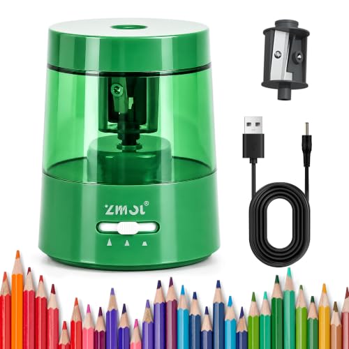 ZMOL Electric Pencil Sharpener, USB or 2 AA Powered, 6-8mm, Green | Suitable for Colored Pencil No.2,Fast Sharpening,3 Modes,Tungsten Steel Blade Holder, Portable for Classroom Office Home - color: Green