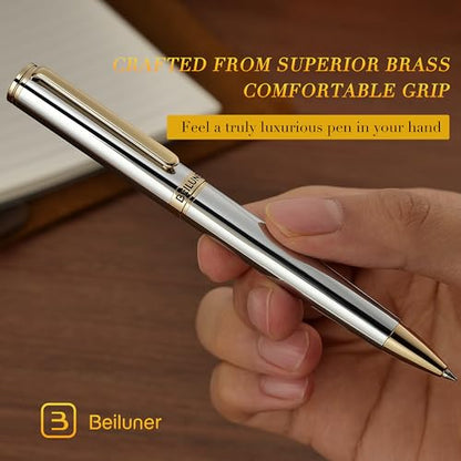 BEILUNER Silver Gold Gel Pen - Luxury Featuring sophisticated chrome finishes, with 24K Gold Accents, Best Pen Gift Set for Men & Women, Business Signature, Executive, Office Retractable Pens - color: Silver Chrome and Gold Finish