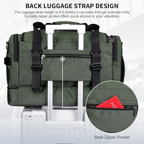 WITZMAN Duffle Bag for Men 55L Nylon Travel Weekender with Shoe Compartment - color: Classic Green