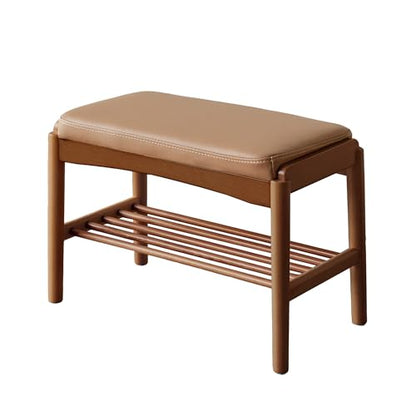 Solid Wood Shoe Bench, 24 Inch Entryway Bench with Brown Leather Cushion - color: Walnut + Brown Leather Cushion, size: 23.62"