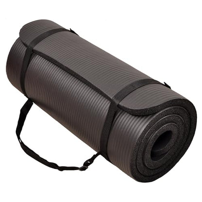 Fitvids 1-Inch Extra Thick High Density Anti-Tear Exercise Yoga Mat with Carrying Strap, Black
