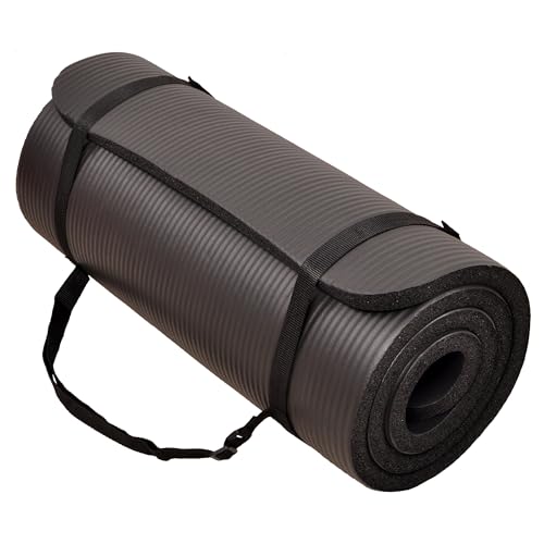 Fitvids 1-Inch Extra Thick High Density Anti-Tear Exercise Yoga Mat with Carrying Strap, Black