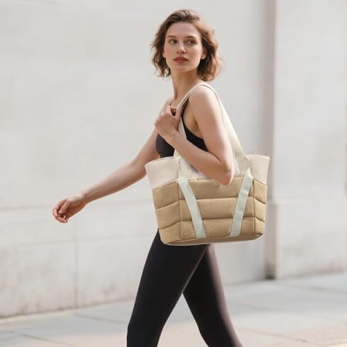 Axcone Women's Yoga Tote Bag with Luggage Sleeve & Mat Straps - Gym Work Bag for Office, Commute, Sports,Travel - color: Beige