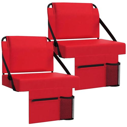 2pcs Stadium Seat for Bleachers with Back Support，Portable Bleacher Chairs with Back and Cushion，Includes Shoulder Strap and Cup Holder - color: Red,2 Pack