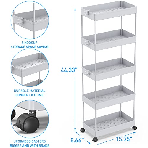 SPACEKEEPER 5 Tier Storage Rolling Cart, Bathroom Cart with Wheels, Gray - color: Grey, size: 5 Tier