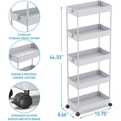 SPACEKEEPER 5 Tier Storage Rolling Cart, Bathroom Cart with Wheels, Gray - color: Grey, size: 5 Tier