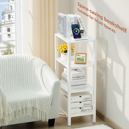 YUFAM 4 Tier Small Bookshelf, Narrow Tall Shelf, Wooden Book Shelf, White - color: White, size: 4-Tier