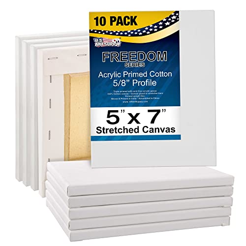 U.S. Art Supply 5x7 inch Stretched Canvas for Painting Super Value 10-Pack - Triple Primed Professional Artist Quality White Blank 5/8" Profile, 100% Cotton, Heavy-Weight Gesso - Acrylic Pouring, Oil - size: 5" x 7"