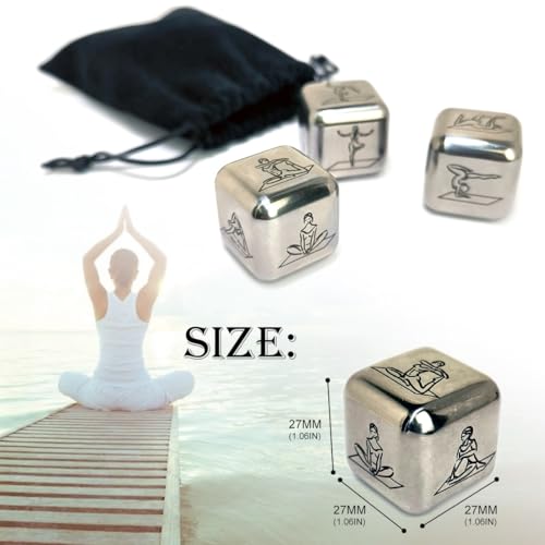 Metal Yoga Dice Set, 3Pcs Laser Engraved Yoga Pose Pattern Stainless Steel Rolling Dices with Velvet Bag for Women Yogis