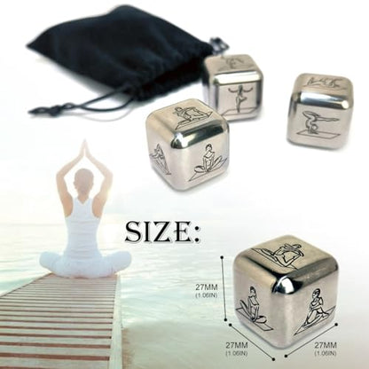 Metal Yoga Dice Set, 3Pcs Laser Engraved Yoga Pose Pattern Stainless Steel Rolling Dices with Velvet Bag for Women Yogis