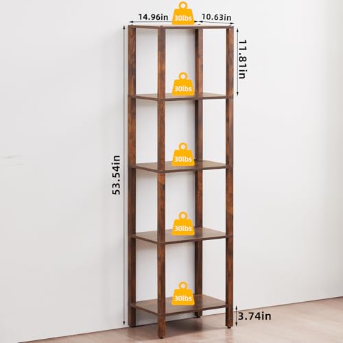 YUFAM 5 Tier Tall Narrow Bookshelf, Skinny Bookcase, Wooden Shelf, Brown - color: Brown, size: 5-Tier