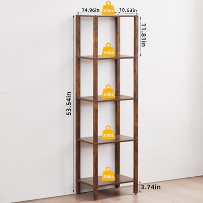 YUFAM 5 Tier Tall Narrow Bookshelf, Skinny Bookcase, Wooden Shelf, Brown - color: Brown, size: 5-Tier