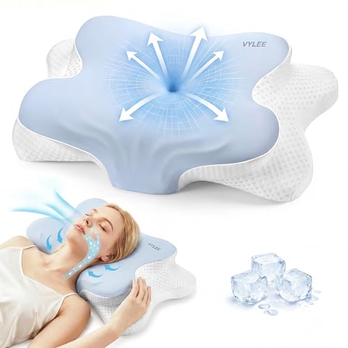 VYLEE Cervical Neck Pillow for Pain Relief, Cooling Memory Foam Pillow - color: Blue and White