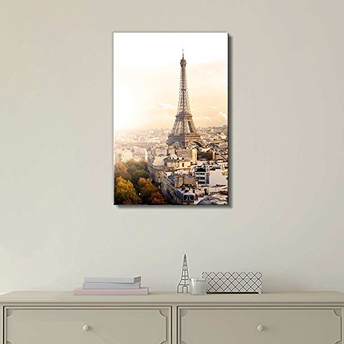 Canvas Prints Wall Art - Aerial View of Paris and Eiffel Tower at Sunset Vintage/Retro Style | Modern Wall Decor/Home Art Stretched Gallery Canvas Wraps Giclee Print & Ready to Hang - 18" x 12" - color: Eiffel Tower, size: 18"L x 12"W