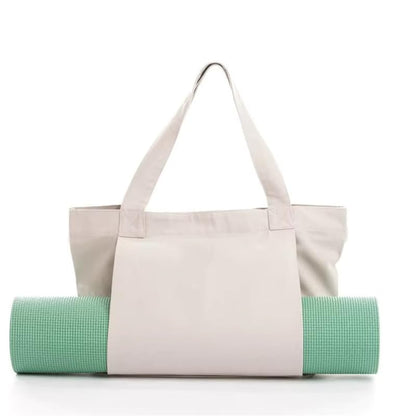Yoga Canvas Tote Bag, Large Capacity, Sturdy Multifunctional, Shoulder Bag with Mat Carrier, Pockets - color: White
