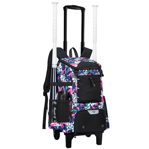 KAVIGOR 2-in-1 Rolling Baseball & Softball Bag, Detachable Backpack, Roll or Carry, Dual-Pole Anti-Tip, 3.5" Wheels, No Tools Setup - color: Pink Camo