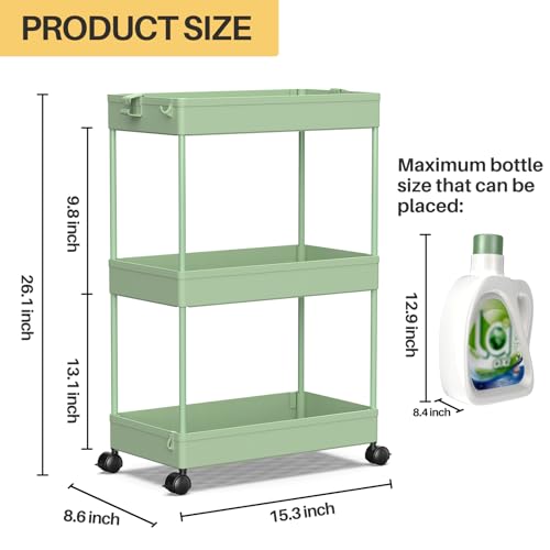SPACEKEEPER 3 Tier Rolling Cart, Bathroom Cart Organizer with Wheels, Green - color: Green, size: 3 Tier